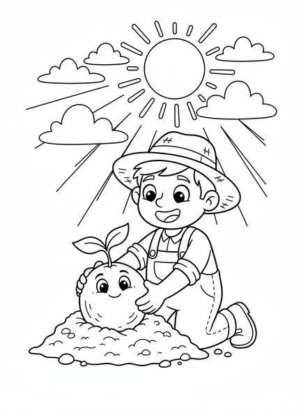 Fröhlicher Bauer beim Pflanzen, Senfkorn Ausmalbild für Kinder im Alter von 5-10 Jahren