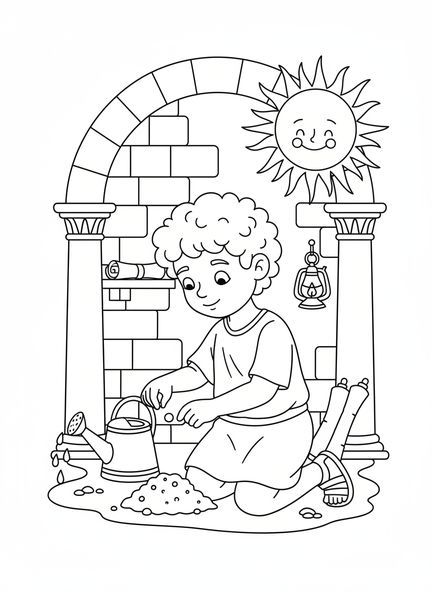 Enfant plantant une graine de moutarde, page à colorier sur la graine de moutarde pour les enfants de l'École du dimanche âgés de 5 à 12 ans.