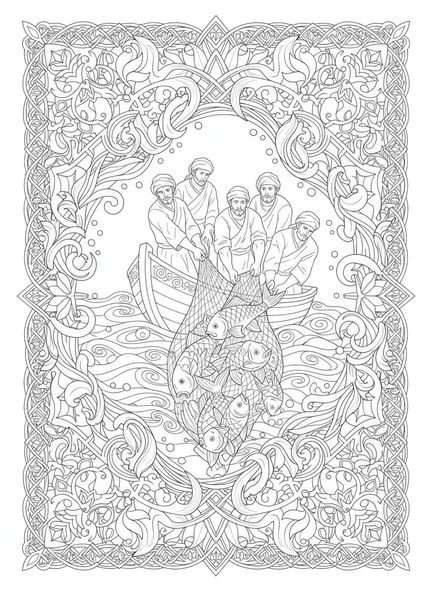 Pescadores en un bote, página para colorear Red de Peces estilo journaling bíblico para adultos