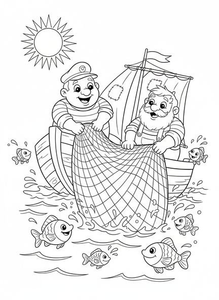 Dos pescadores de dibujos animados, página para colorear Red de Peces para niños de 5 a 10 años