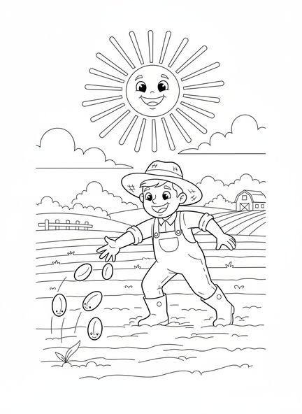 Agriculteur joyeux semant des graines, page à colorier sur la Parabole du Semeur pour les enfants de 5 à 10 ans.