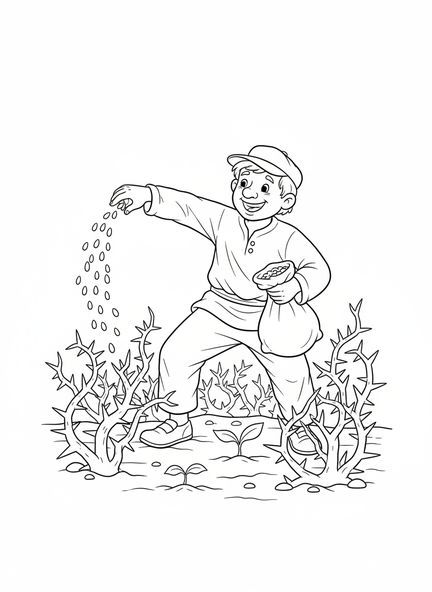 Semeur joyeux, page à colorier de la Parabole du Semeur et des Épines pour les enfants de 5 à 10 ans.