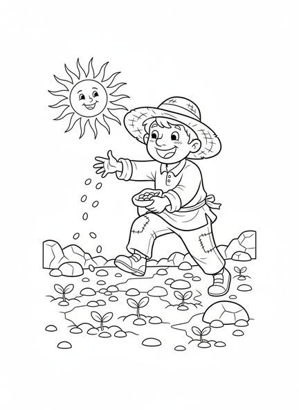 Semear jogando sementes, Página de colorir da Parábola do Semear sobre Solo Pedregoso para crianças de 5 a 10 anos