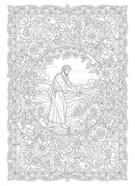 Semear, página de colorir da Parábola do Semeador para adultos no estilo de journaling bíblico.