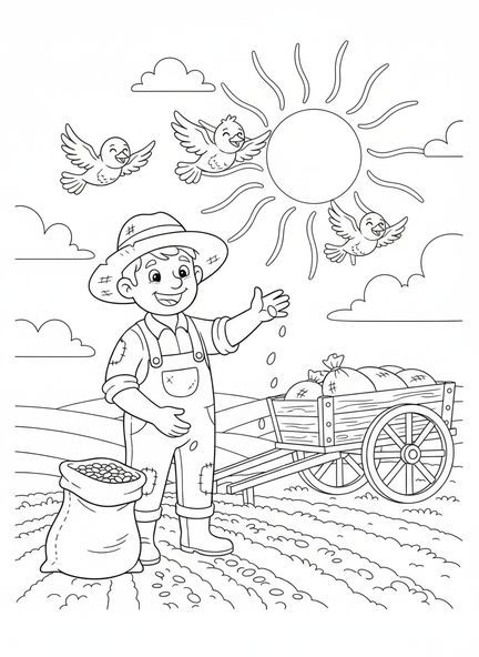 Agriculteur joyeux semant des graines, page à colorier sur la Parabole du Semeur pour les enfants de 5 à 10 ans