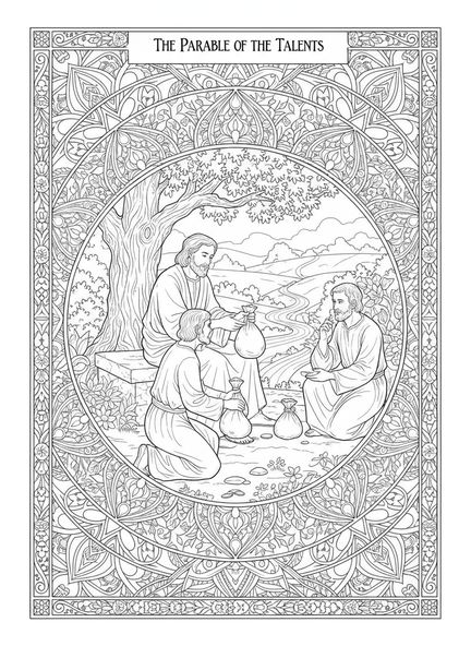 Maître distribuant des talents, page à colorier sur la Parabole des Talents pour adultes dans un style de journal biblique.