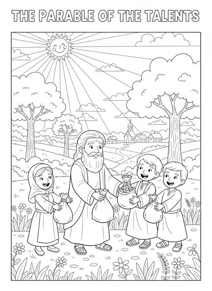 Maître distribuant des talents, page à colorier sur la parabole des talents pour les enfants de 5 à 10 ans