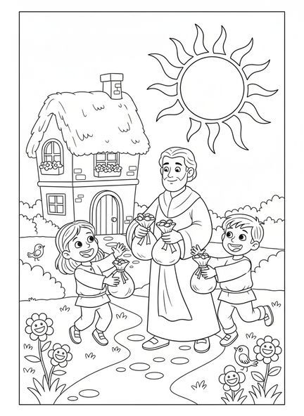 Der Meister gibt Talente, Ausmalbild der Talente für Kinder im Alter von 5-10 Jahren.