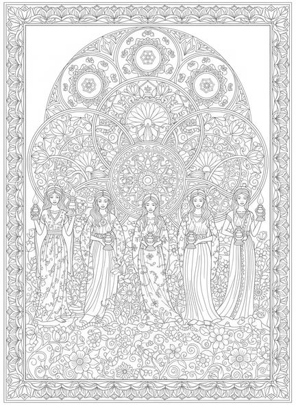 Cinco virgens sábias, Parábola das Dez Virgens, página para colorir estilo Bíblia para adultos
