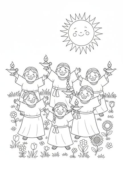 Cinco virgens em desenho animado, página de colorir da Parábola das Dez Virgens e suas Lâmpadas para crianças de 5 a 10 anos