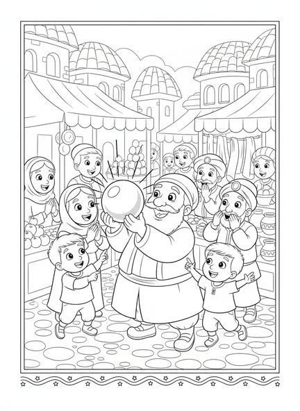 Marchand tenant une grande perle, page à colorier sur la Perle de Grand Prix pour les enfants de 5 à 10 ans
