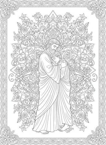 Vater umarmt Sohn, Ausmalbild vom verlorenen Sohn im Stil des Bibel-Journalings für Erwachsene.