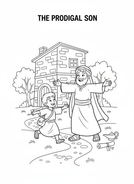 Père et fils joyeux, page à colorier du Fils prodigue pour les enfants de l'École du dimanche âgés de 5 à 12 ans.