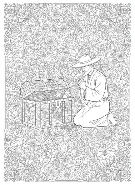 Agriculteur découvrant un trésor, page à colorier Trésor dans le Champ pour le journal biblique pour adultes