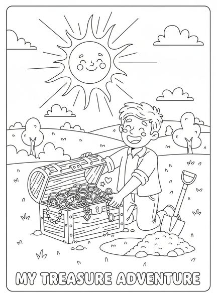 Homme joyeux découvrant un trésor, page à colorier Trésor dans le Champ pour enfants de 5 à 10 ans