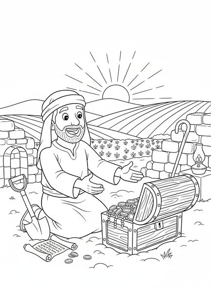 Fazendeiro encontrando baú de tesouro, página para colorir Tesouro no Campo para crianças da Escola Dominical de 5 a 12 anos