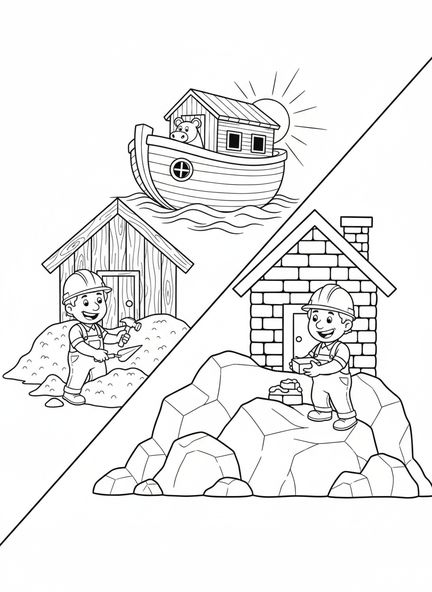 Zwei Bauarbeiter, die Häuser bauen, Ausmalbild von den zwei Bauarbeitern für Kinder im Alter von 5-10 Jahren