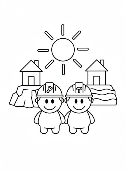 Zwei lächelnde Bauarbeiter, Ausmalbild für Vorschulkinder im Alter von 3-5 Jahren mit zwei Bauarbeitern und einem Haus auf Felsen