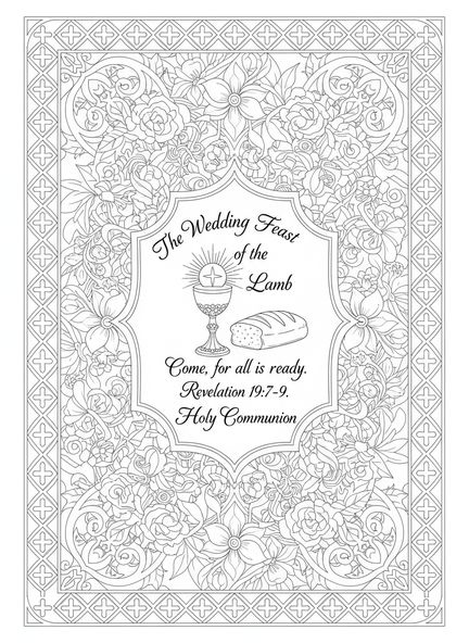 Calice orné et pain, page à colorier sur la parabole du festin de noces pour le style de journal biblique pour adultes.