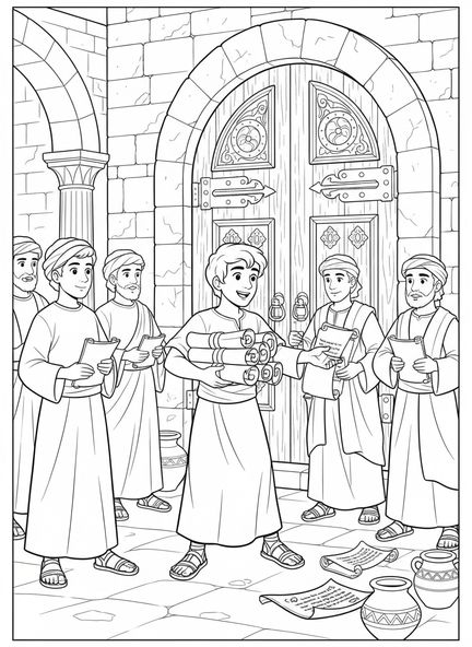 Serviteur du roi distribuant des invitations, page à colorier sur la parabole du festin de noces pour les enfants de l'École du dimanche âgés de 5 à 12 ans.