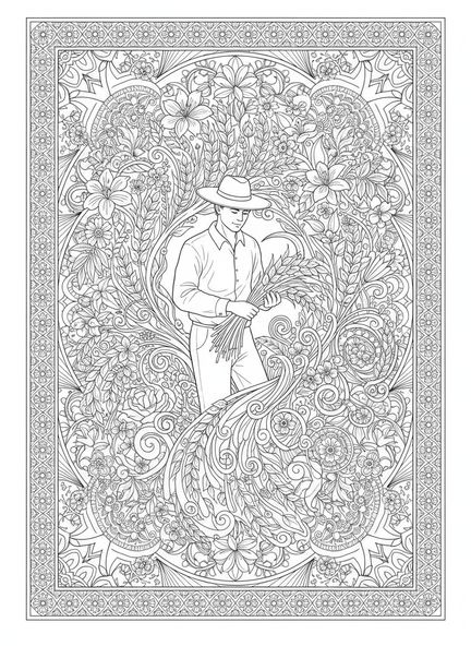 Agricultor recogiendo trigo, página para colorear de Trigo y Cizaña en estilo de journaling bíblico para adultos.