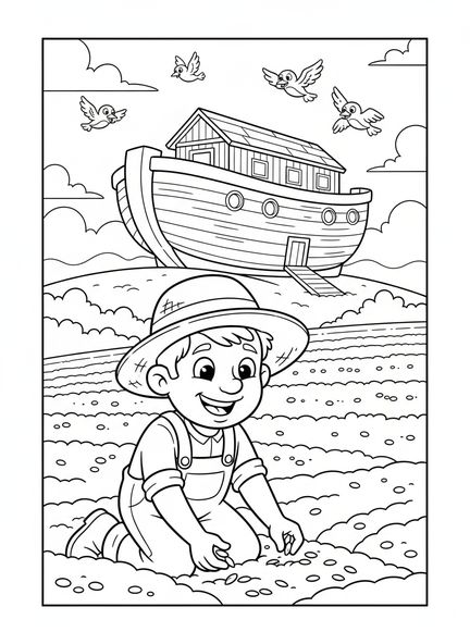 Feliz agricultor sembrando semillas, página para colorear de Trigo y Cizaña para niños de 5 a 10 años