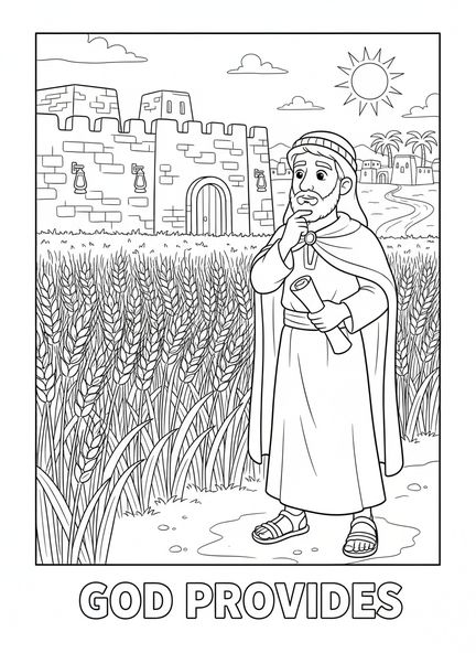 Agricultor observando un campo de trigo, página para colorear de Trigo y Cizaña para niños de Escuela Dominical de 5 a 12 años.
