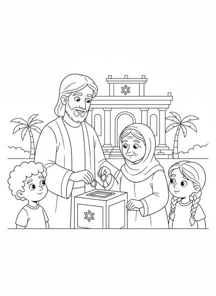 Jésus observant, page à colorier de la petite pièce de la veuve pour les enfants de 5 à 10 ans