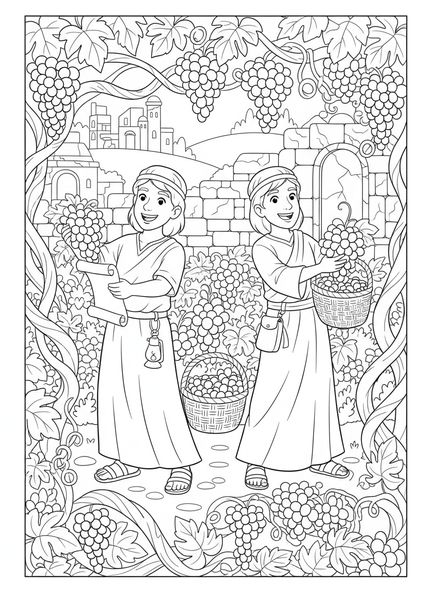 Deux travailleurs joyeux, page à colorier des Travailleurs dans la Vigne pour les enfants de l'École du dimanche âgés de 5 à 12 ans