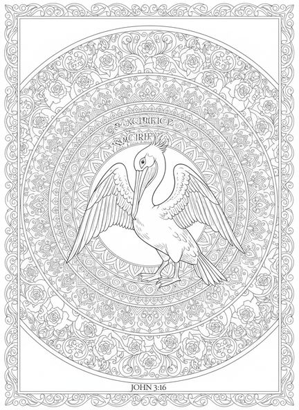 Majestuoso pelícano, página para colorear del símbolo del pelícano para adultos en estilo de journaling bíblico
