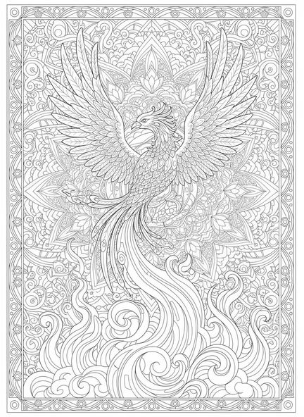 Fênix majestosa, página para colorir da Ressurreição da Fênix no estilo de journaling bíblico para adultos.