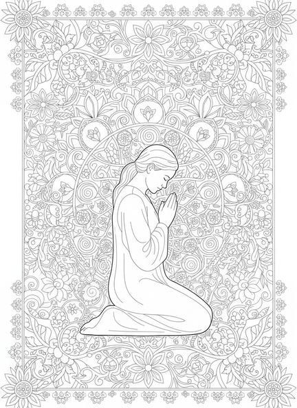 Persona arrodillada en oración, página para colorear del Acto de Contrición estilo journaling bíblico para adultos