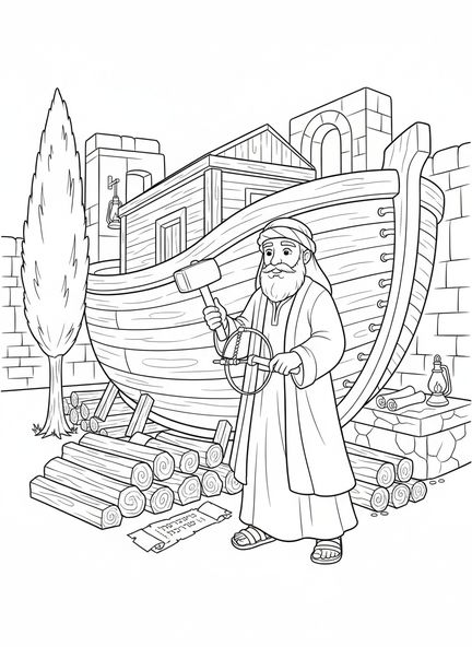 Noé avec des outils, page à colorier de l'Acte de Contrition pour les enfants de l'École du dimanche âgés de 5 à 12 ans