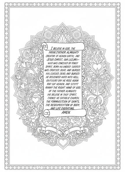 Pergaminho ornamentado com símbolos, página para colorir do Credo dos Apóstolos no estilo de journaling bíblico para adultos