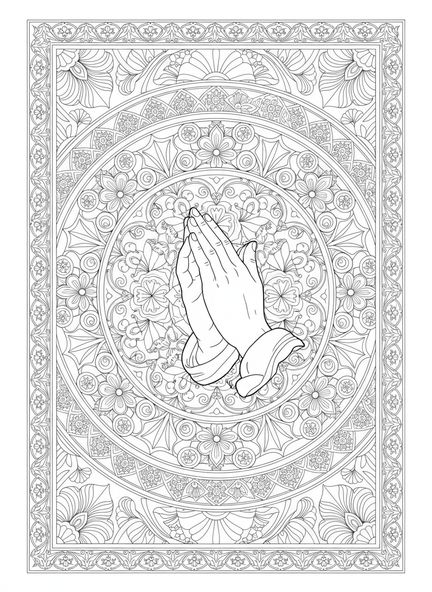 Gefaltete Hände, Ausmalbild des Ehre sei Gott Gebets für Erwachsene im Bibel-Journaling-Stil