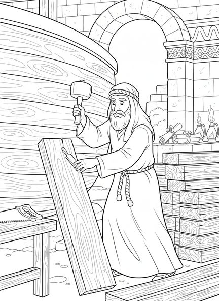Noah, der die hölzerne Arche baut, Ausmalbild des Ehre sei dem Vater Gebets für die Sonntagsschule Kinder im Alter von 5-12 Jahren.