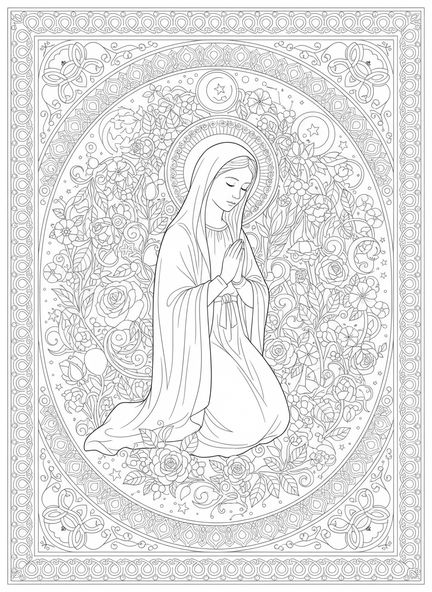 Maria betend, Ausmalbild des Ave Maria für Erwachsene im Stil des Bibeljournaling