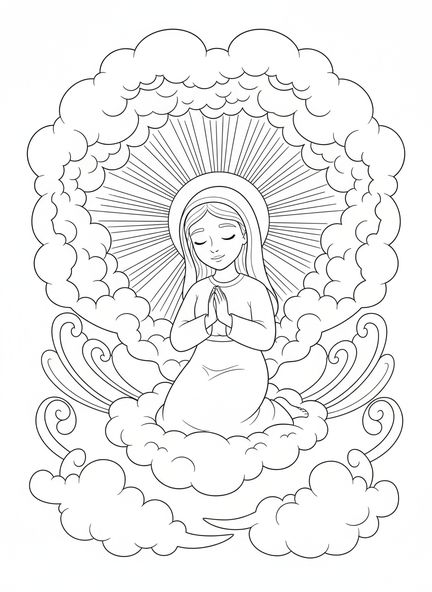 María en oración, página para colorear de la oración del Ave María para niños de 5 a 10 años