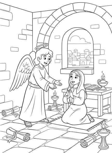 Ángel con alas, página para colorear de la oración del Ave María para niños de la Escuela Dominical de 5 a 12 años