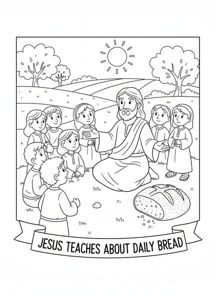 Jesus ensinando os discípulos, página de colorir sobre o Pai Nosso e o Pão Diário para crianças de 5 a 10 anos.