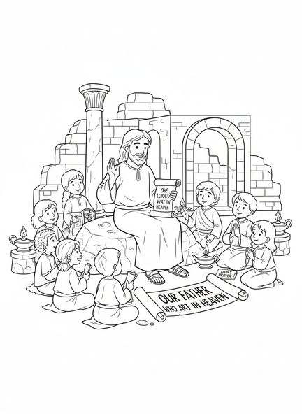 Jesús enseñando a los niños, página para colorear del Padre Nuestro Perdona Deudas para niños de Escuela Dominical de 5 a 12 años