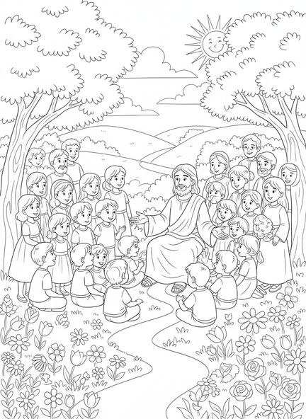 Jesús enseñando a los niños, página para colorear del Padre Nuestro para niños de 5 a 10 años