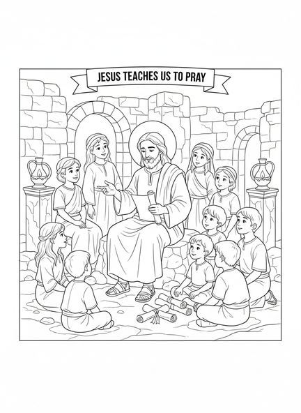 Jésus enseignant aux enfants, page à colorier sur la prière du Seigneur pour les enfants de l'École du dimanche âgés de 5 à 12 ans.