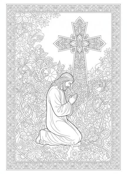 Jésus en prière, coloriage du Notre Père, que ton règne vienne, style de journal biblique pour adultes