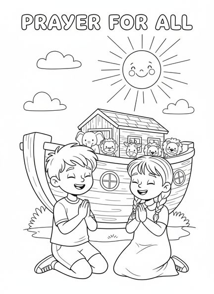 Deux enfants priant, page à colorier sur le Notre Père et le Royaume à venir pour les enfants de 5 à 10 ans