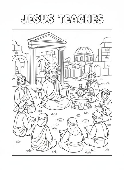 Jesús enseñando a sus discípulos, página para colorear del Padre Nuestro, Venga tu reino para niños de Escuela Dominical de 5 a 12 años