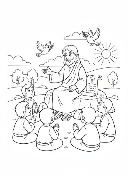 Jésus enseignant les disciples, page à colorier sur la prière du Seigneur 'Ne nous soumets pas à la tentation' pour les enfants de 5 à 10 ans.