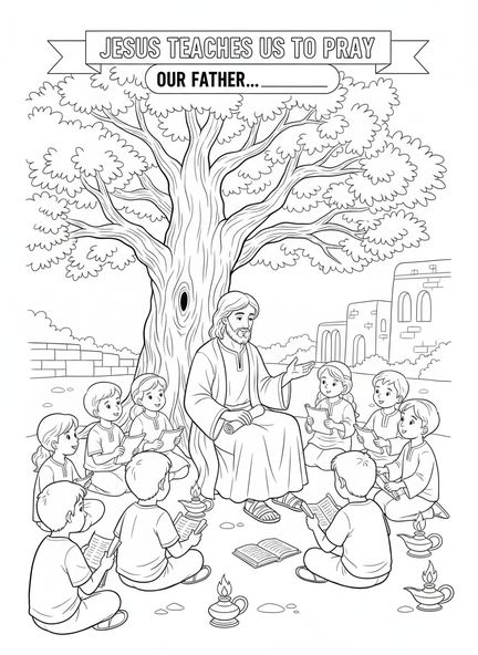 Jesus lehrt Kinder, Ausmalbild zum Vaterunser 'Führe uns nicht in Versuchung' für Sonntagsschulkinder im Alter von 5-12 Jahren.
