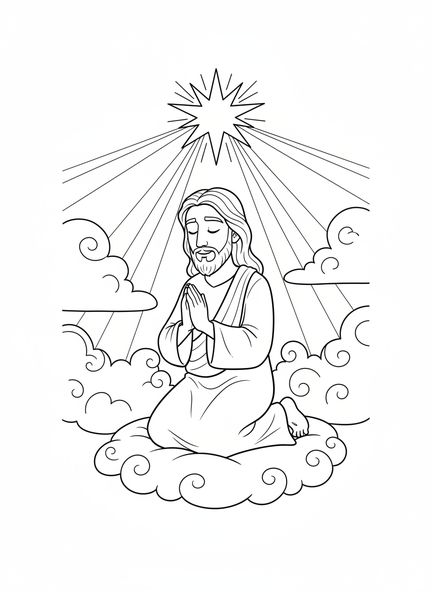 Jésus à genoux, page à colorier de la prière du Notre Père pour les enfants de 5 à 10 ans.
