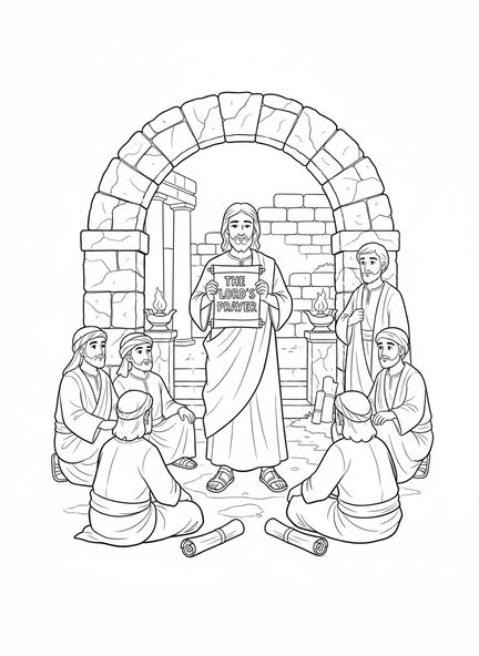 Jesus, der seinen Jüngern das Vaterunser beibringt, Ausmalbild für die Sonntagsschule für Kinder im Alter von 5-12 Jahren